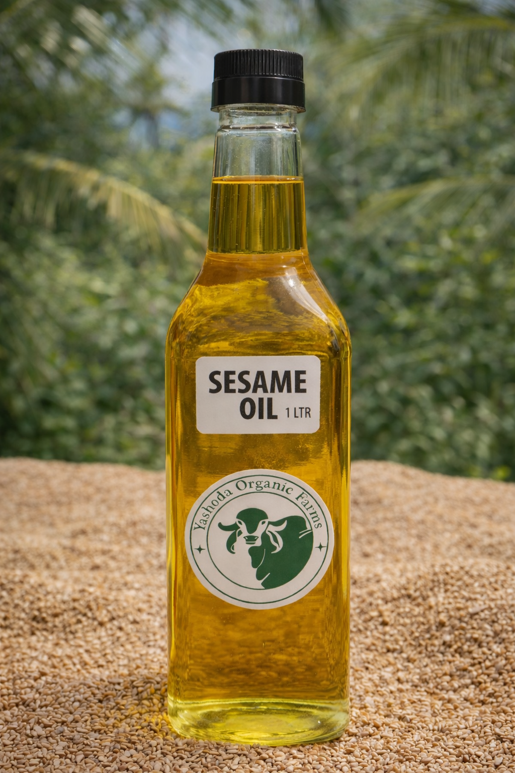 Bottle of sesame oil with a label on a natural background