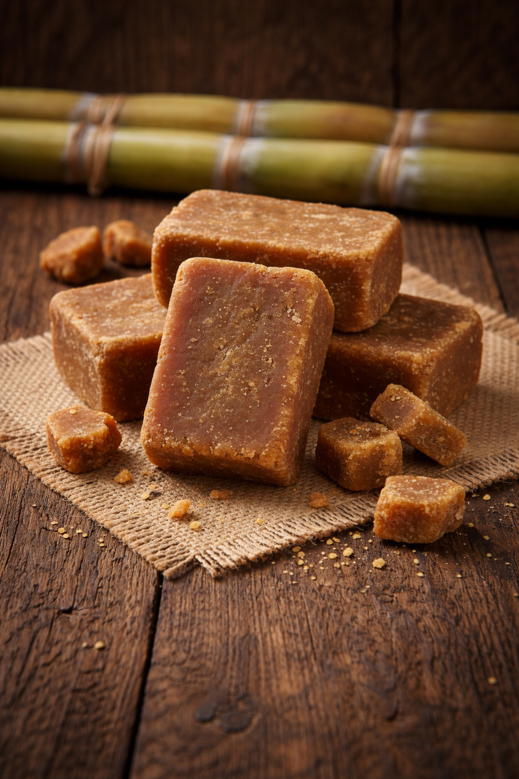 Blocks of organic jaggery on rustic wood with sugarcane in a natural Indian setting