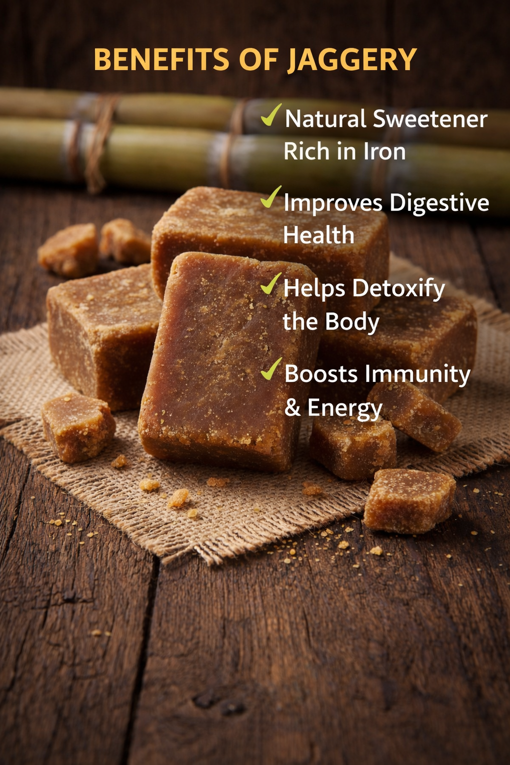 Jaggery pieces on a wooden surface with benefits listed above.