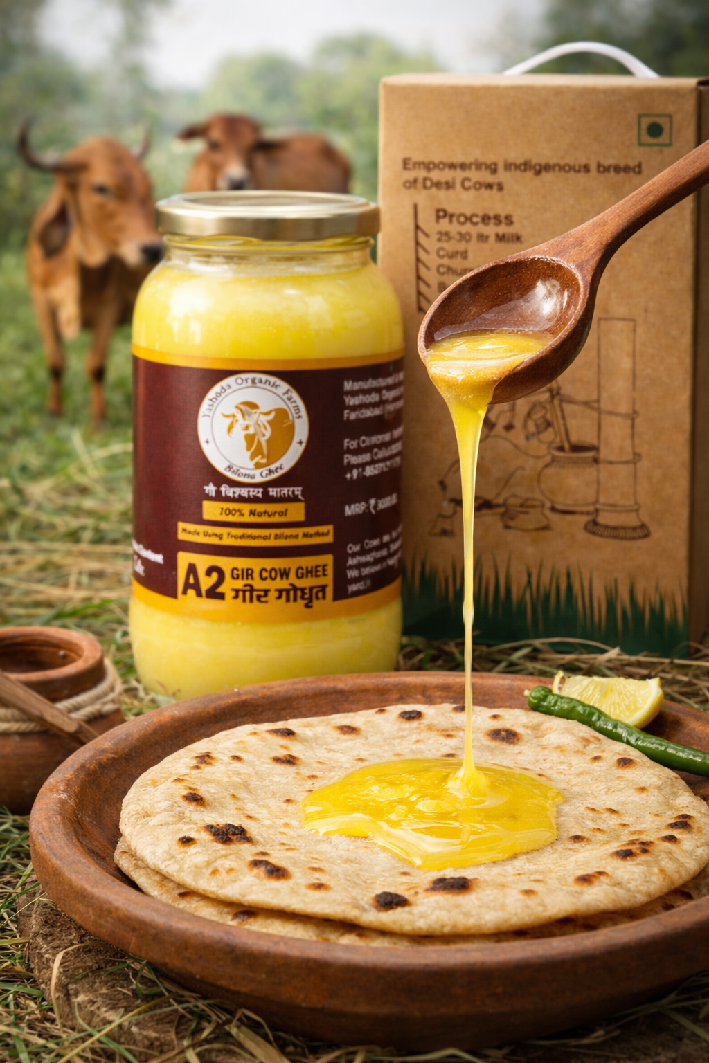 Jar of A2 Gir Cow ghee with a wooden spoon and Chapati