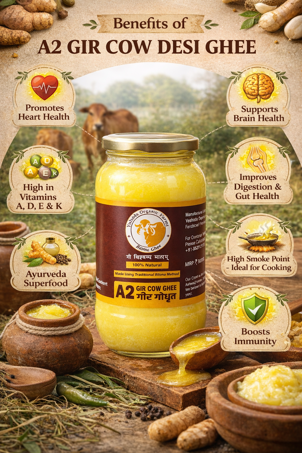 Jar of A2 Gir Cow Desi Ghee with health benefits displayed on a rustic background