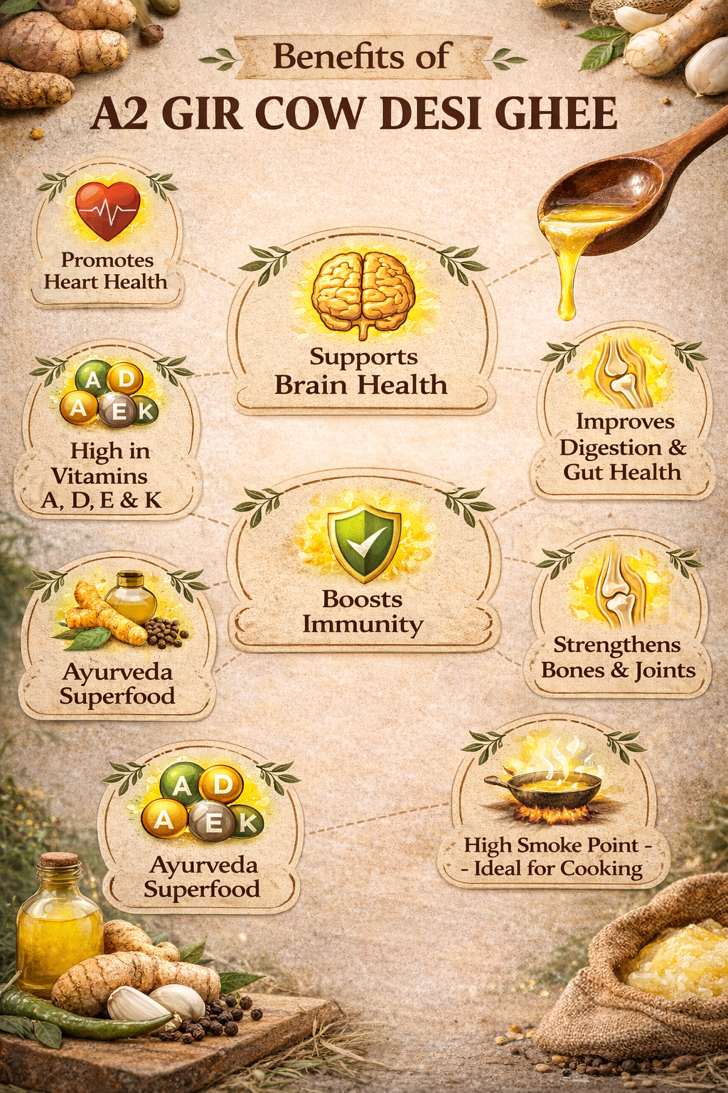 Infographic detailing the benefits of A2 Gir Cow Desi Ghee with icons and text on a rustic background.