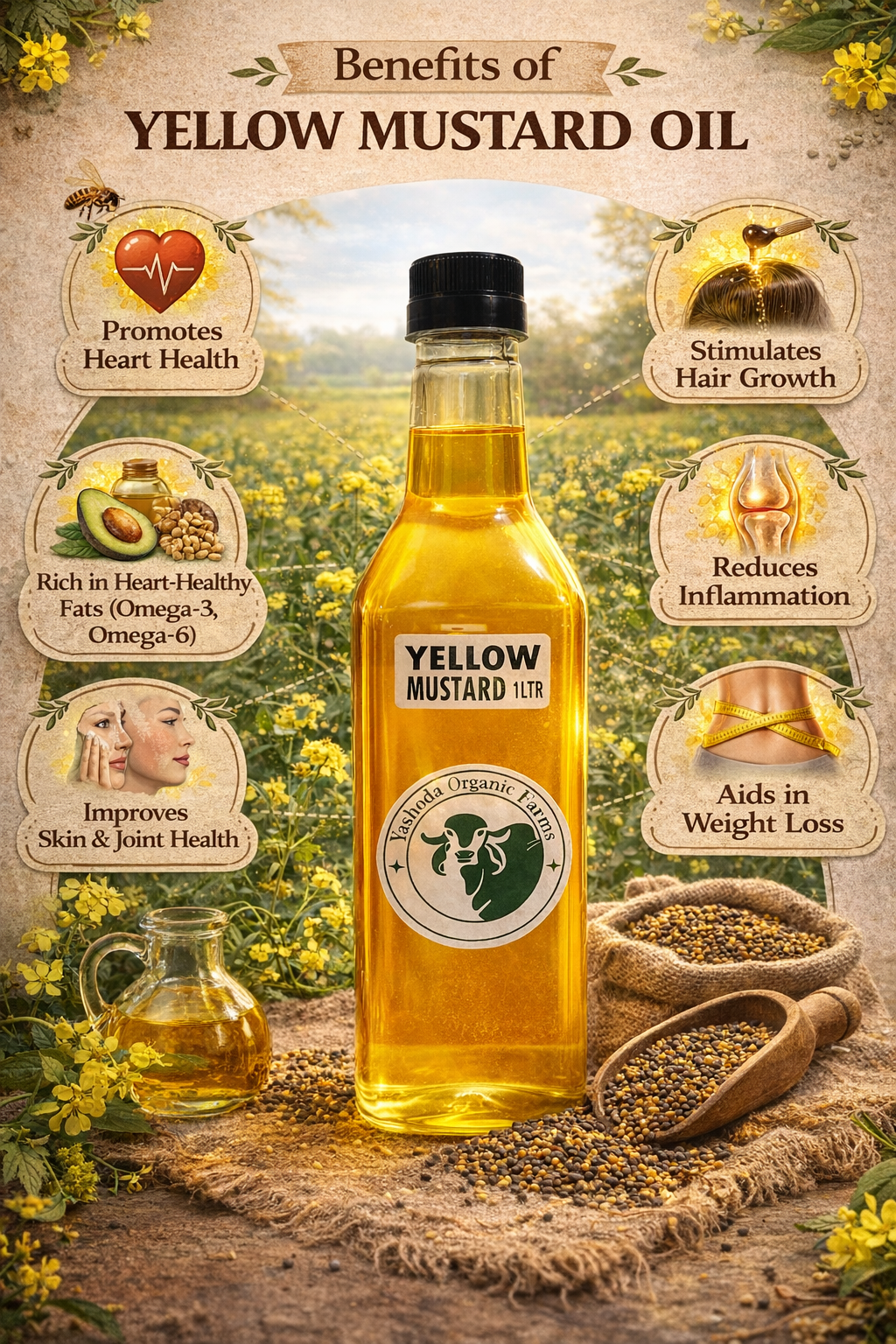 Yellow mustard oil bottle with health benefits on a natural background