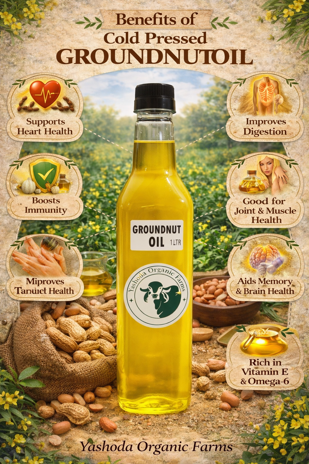 Bottle of groundnut oil with health benefits displayed on a natural background