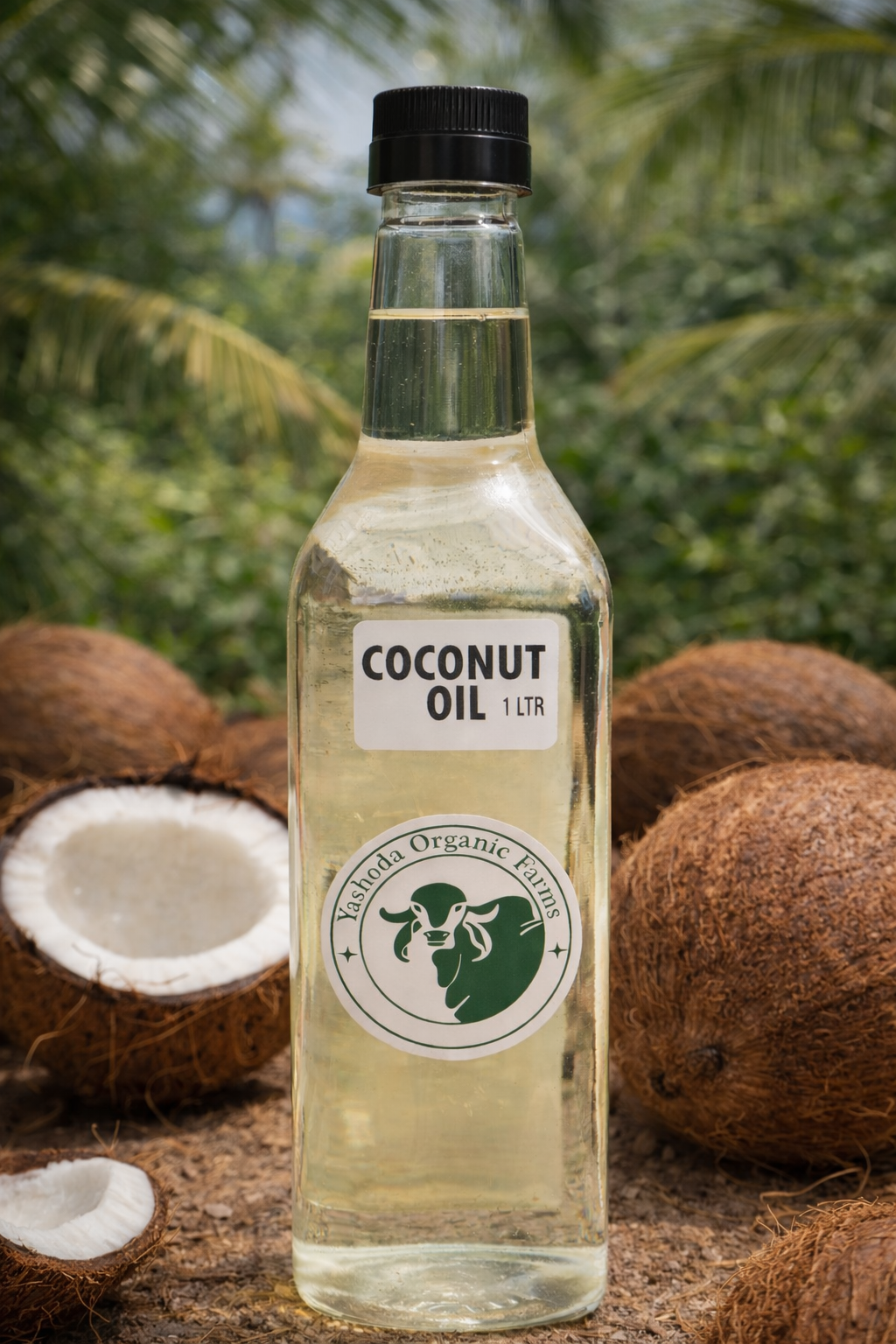 Bottle of coconut oil with a label, surrounded by coconuts, on a natural background.