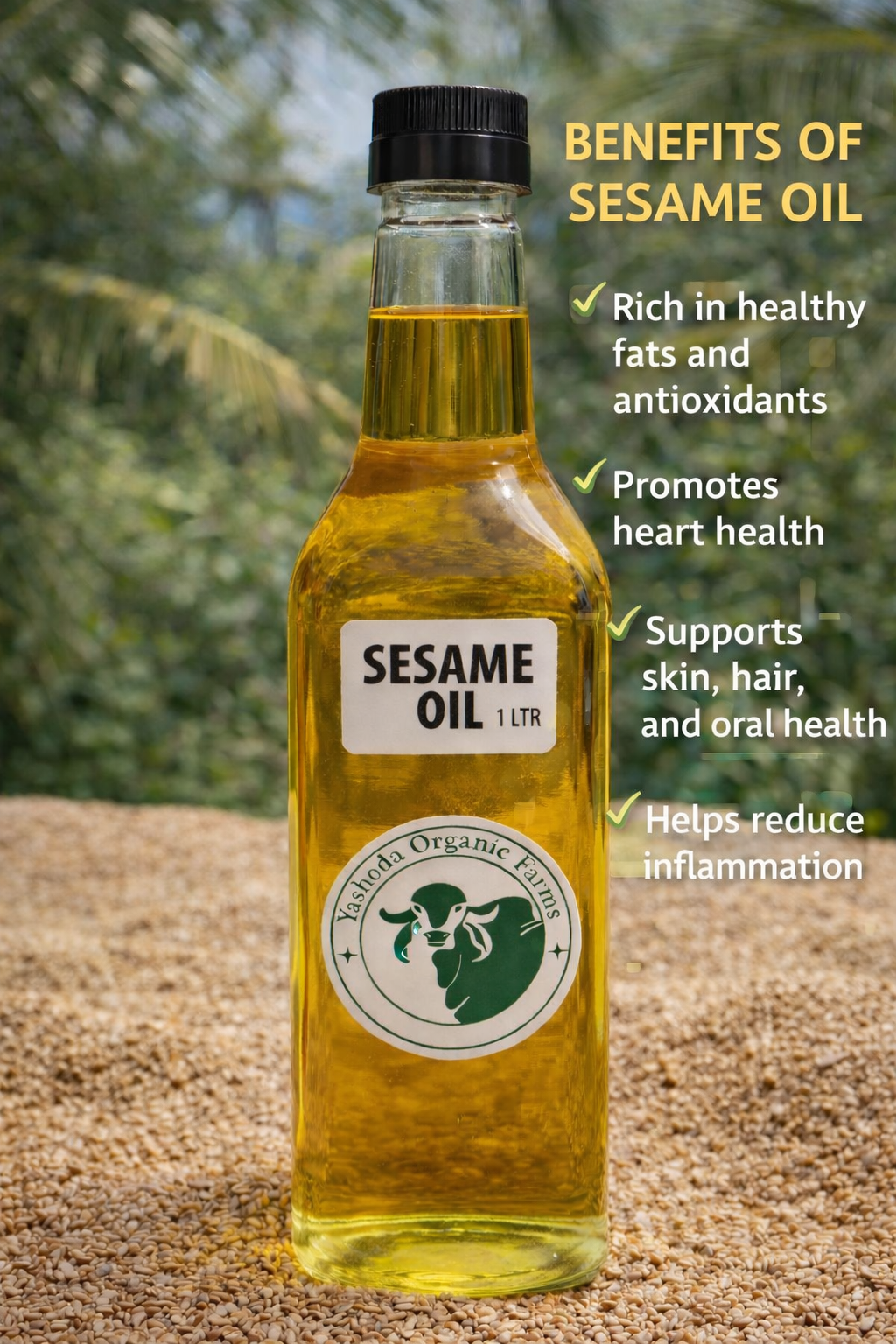 Bottle of sesame oil with benefits listed on a natural background