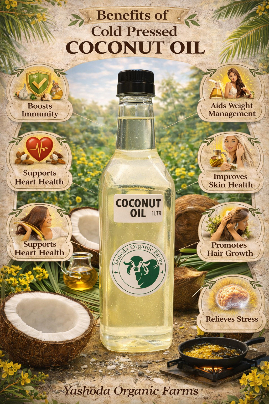 Coconut oil bottle with health benefits listed in India